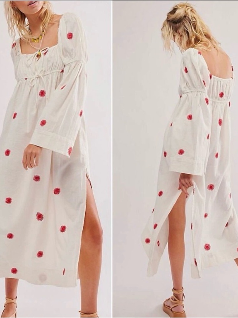 NWOT Free People Emory Embroidered Midi Dress Ivory Combo Sz L Long Sleeve - Picture 2 of 9